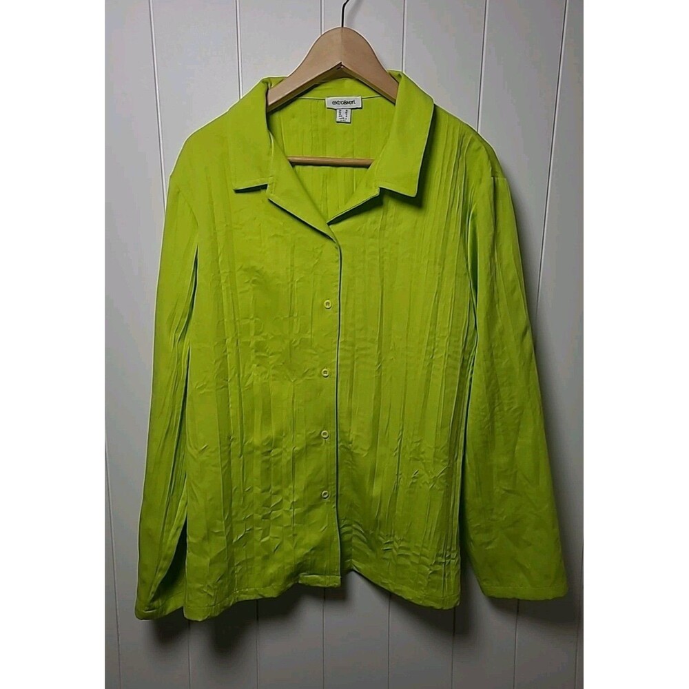 Extro & Vert Button Up Crinkle Top Womens Size XL Bright Green Size 14 Relaxed